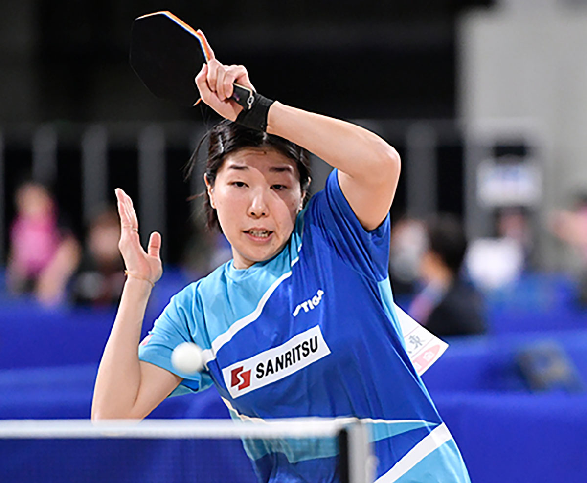 全日本卓球でのスティガ選手。永尾尭子、混合ダブルス3位入賞